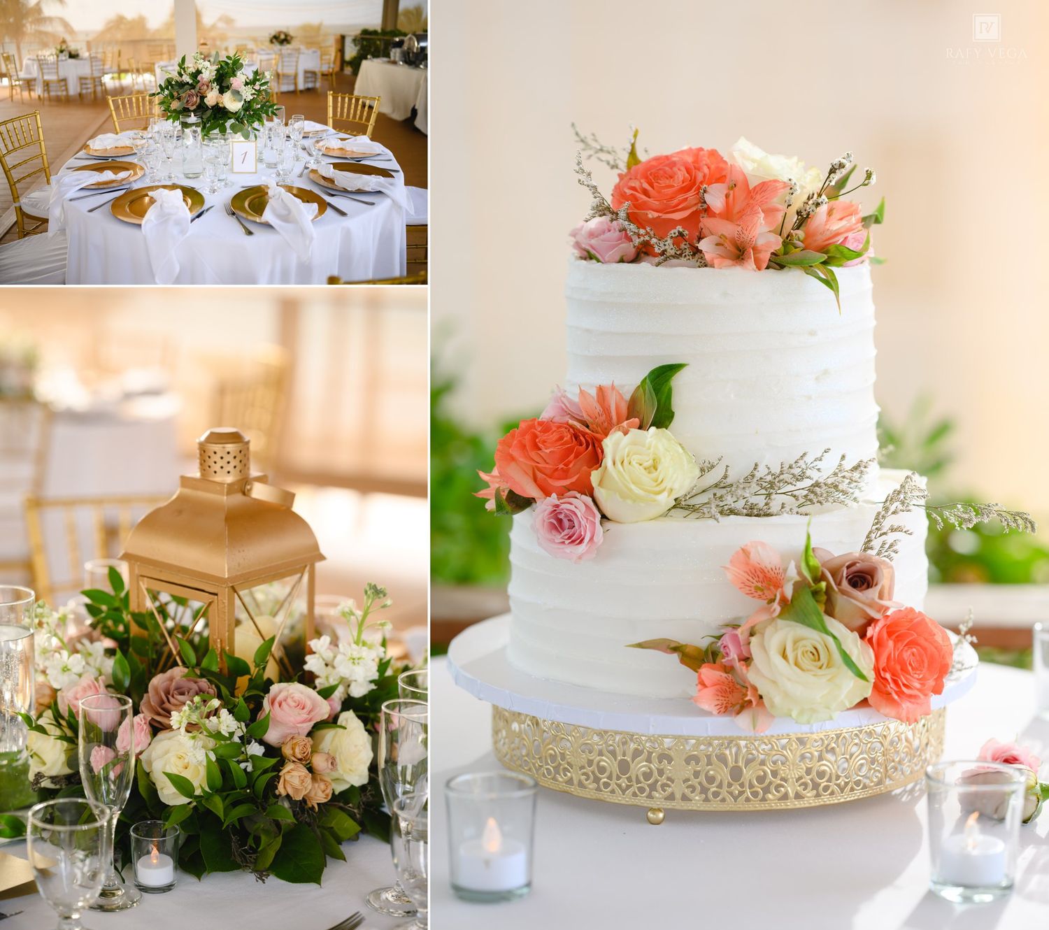 Elegant three-tier white wedding cake adorned with coral, pink, and cream roses on a gold stand with floral centerpieces.