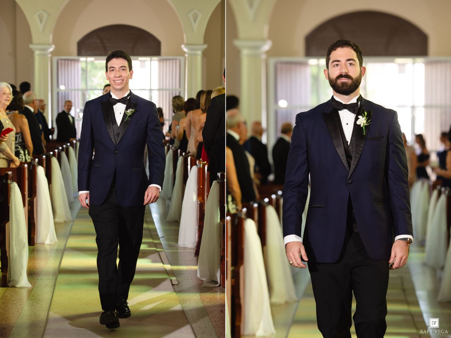 Groom in navy tuxedo walks down church aisle smiling during wedding ceremony.