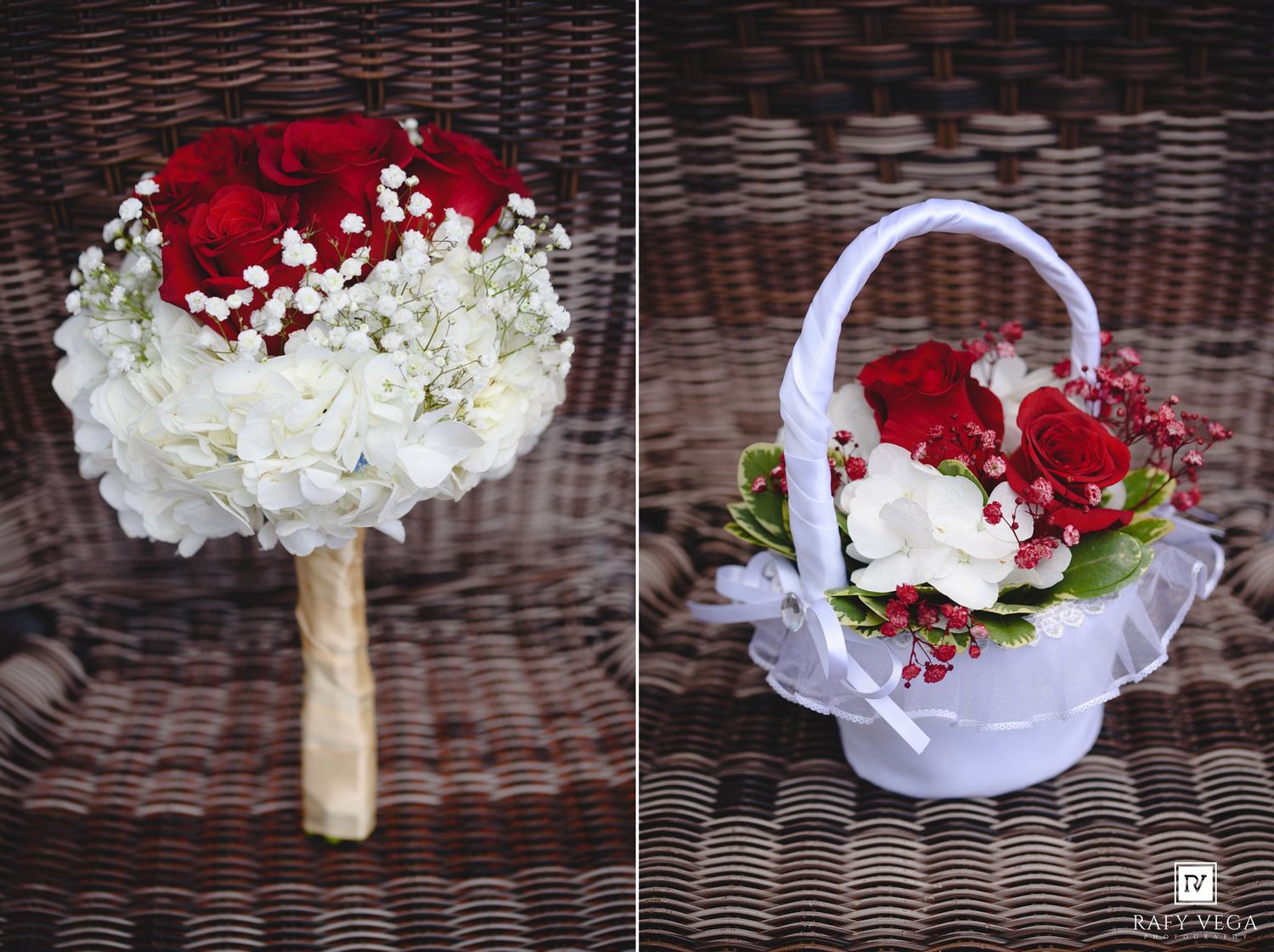 Wedding bouquet of red roses and white hydrangeas beside a white basket with red roses and baby's breath.