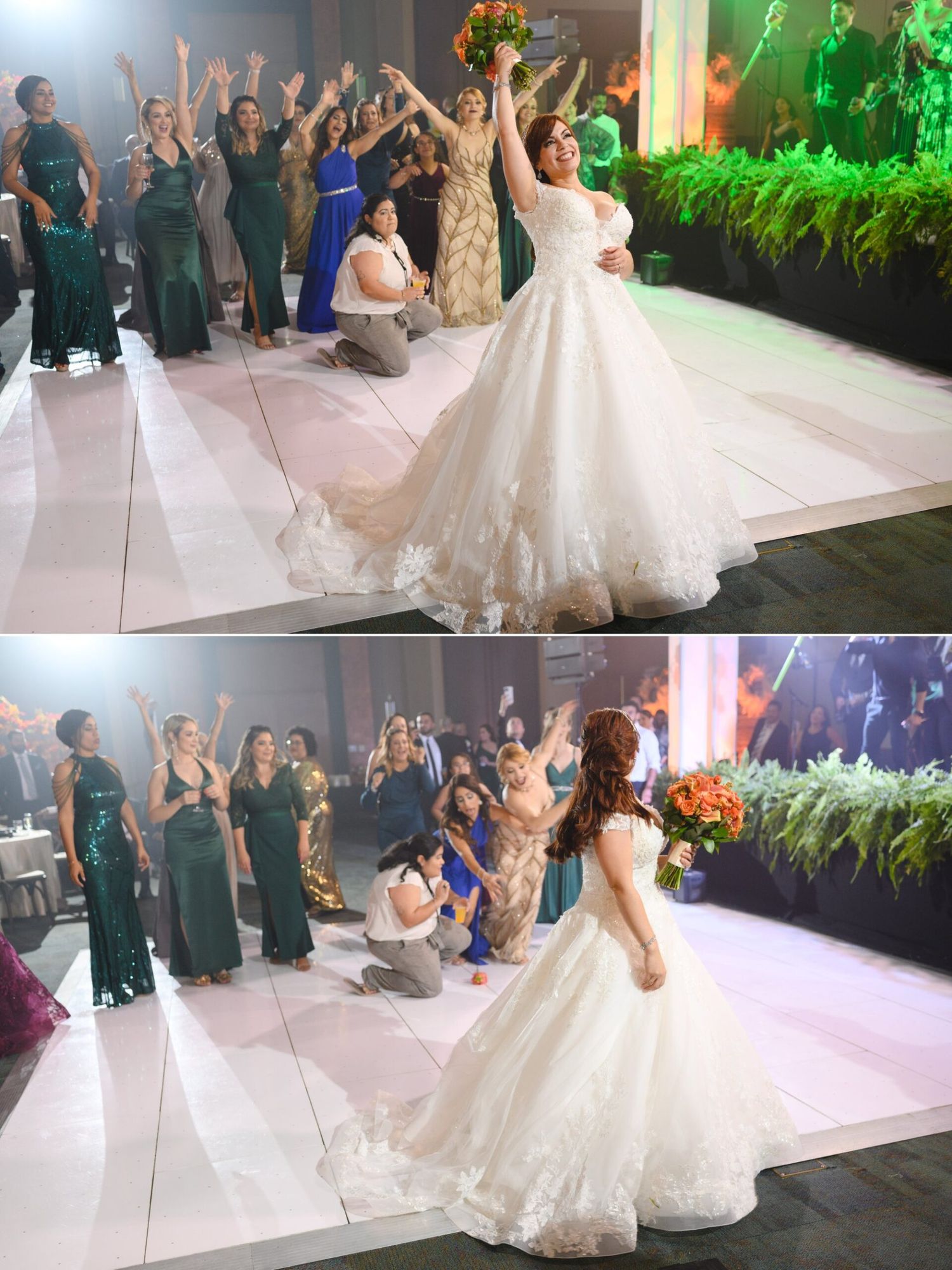Bride in white ball gown tossing bouquet to excited guests in elegant gowns on a white dance floor.