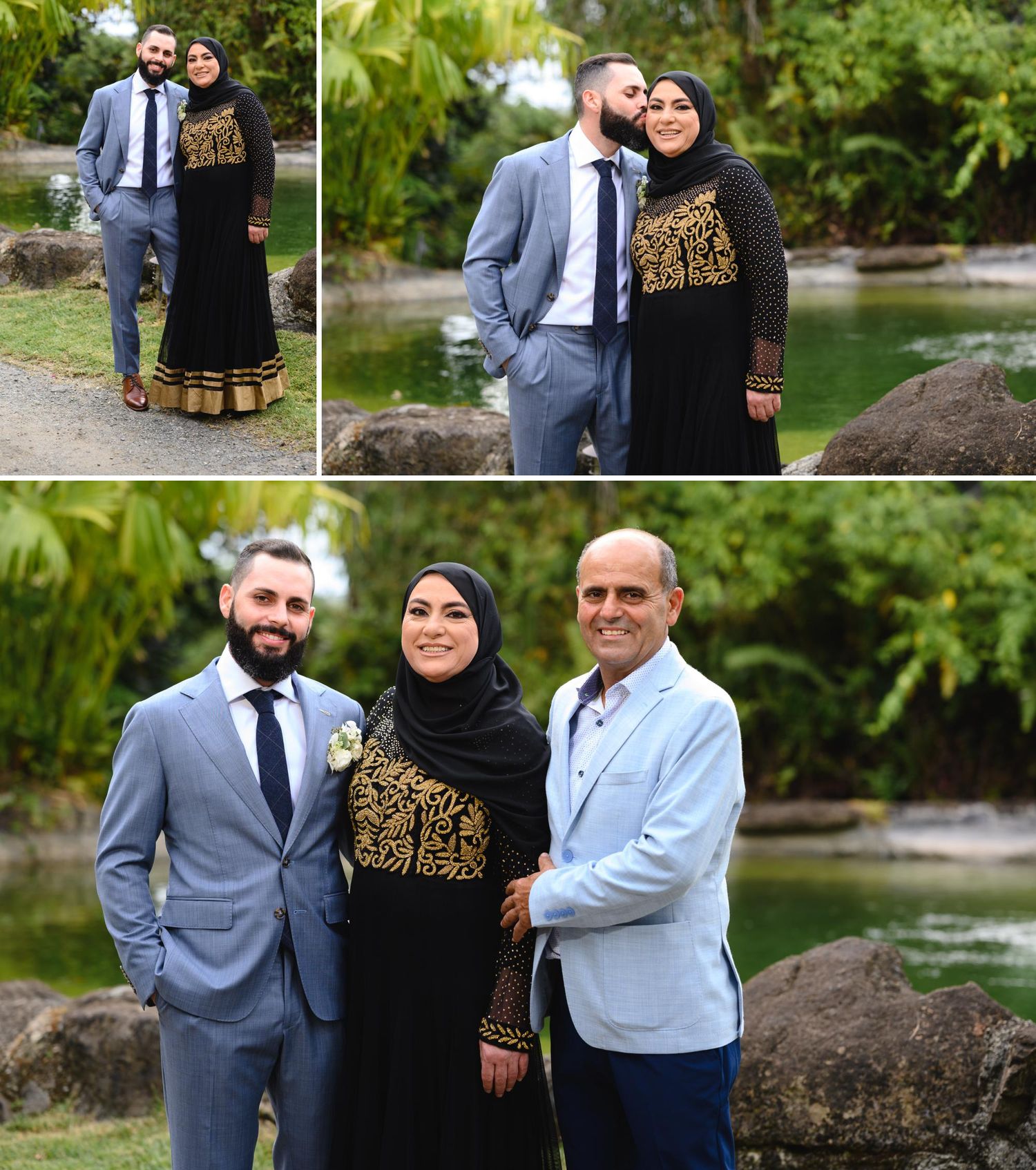 Couple in formal attire poses outdoors near a river, joined by an older man in a blue blazer for a group portrait.