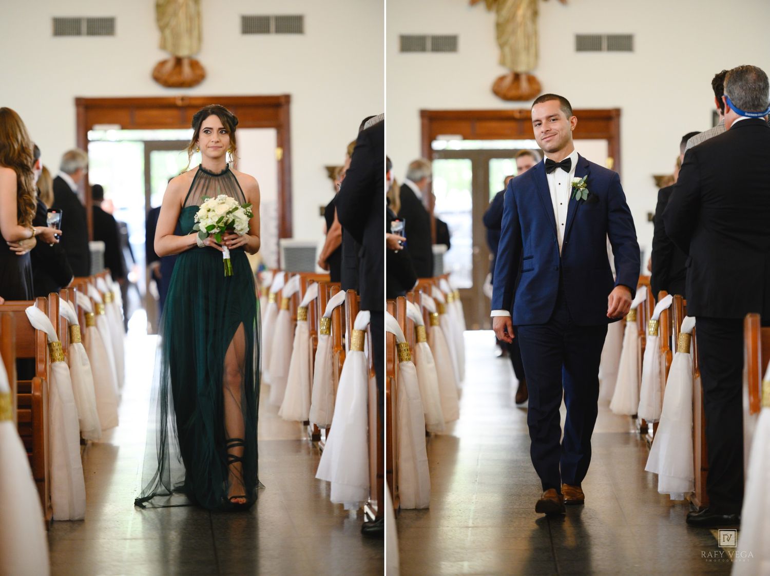 A bridesmaid in a green gown and groomsman in a navy suit walk down the aisle.