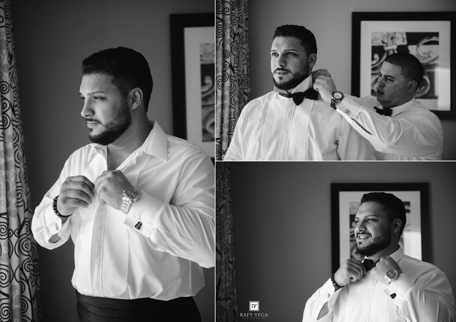 Black and white wedding photo collage of groom getting dressed, adjusting cufflinks and bow tie with groomsman assistance.