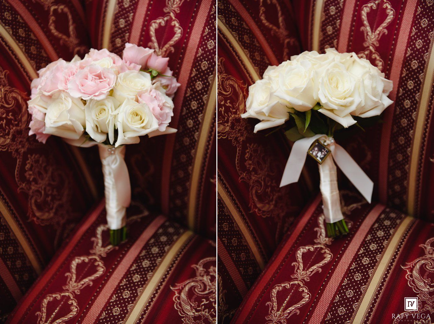 Two elegant wedding bouquets of pink and white roses tied with white ribbon, displayed on a red patterned chair.