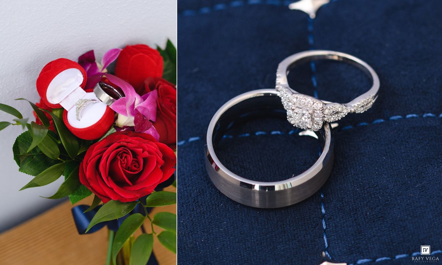 Two silver diamond engagement rings displayed on blue fabric beside a bouquet of red roses with a ring box.