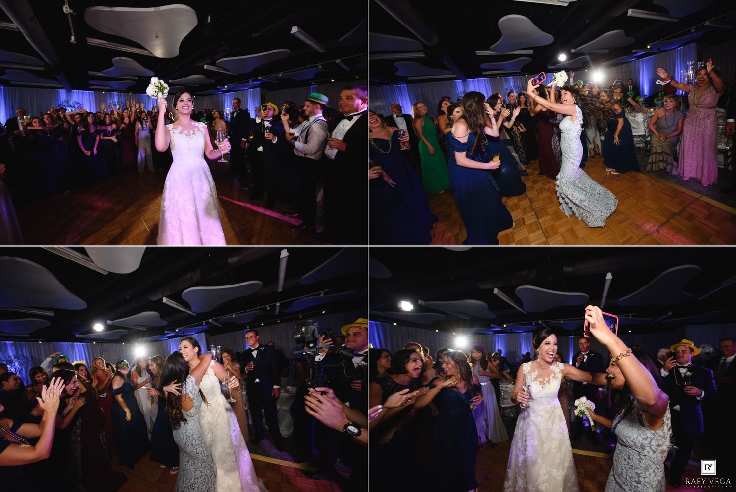 Bride tosses bouquet to excited wedding guests on the dance floor during a lively indoor wedding reception celebration.