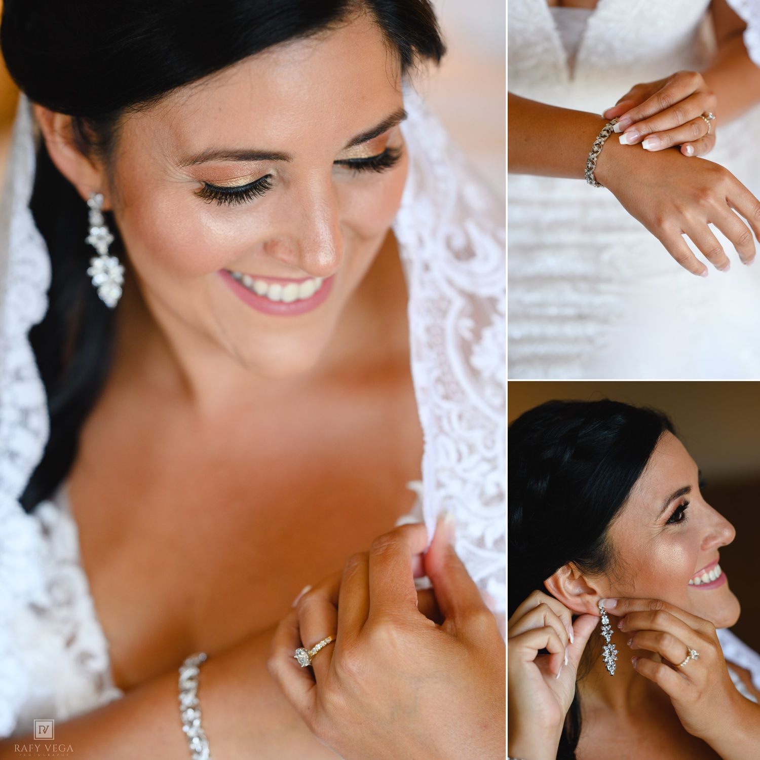 Bride in white lace wedding dress wearing diamond earrings, bracelet, and ring, smiling and adjusting jewelry on her wedding day.
