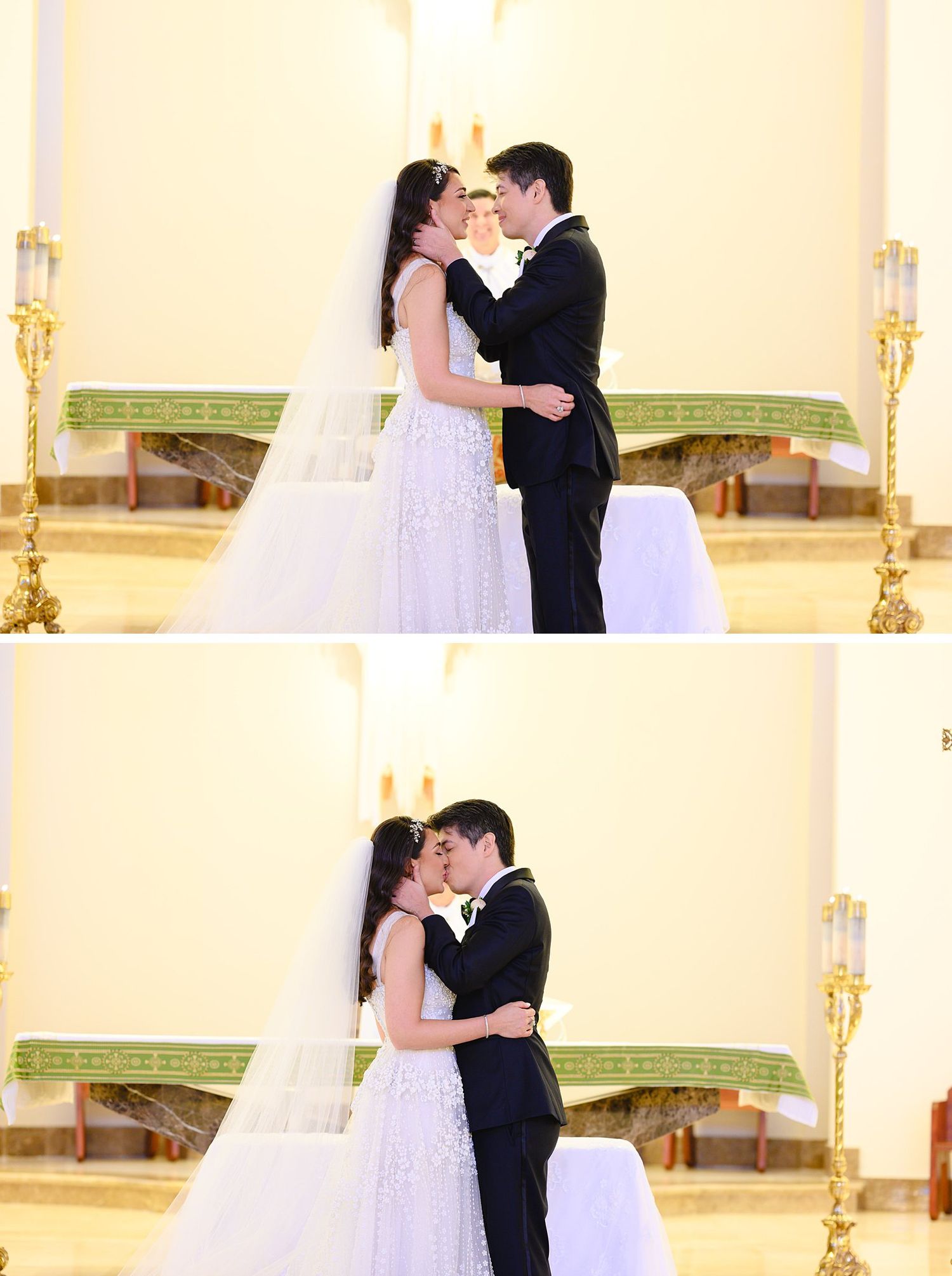 Bride and groom share a romantic kiss at the altar during their church wedding ceremony.