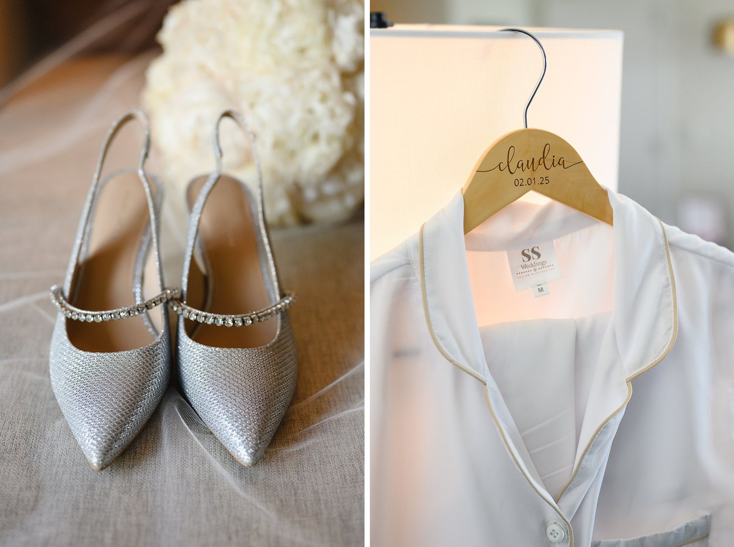 Silver glitter pointed-toe slingback wedding shoes beside a white bridal robe on a personalized wooden hanger.
