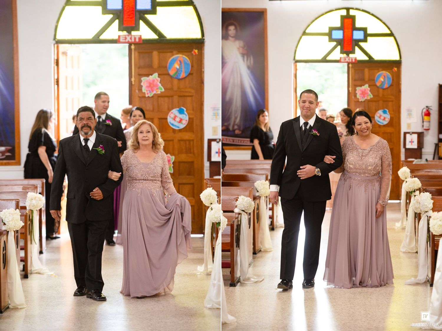 Two couples in formal attire walk down a church aisle during a wedding ceremony.