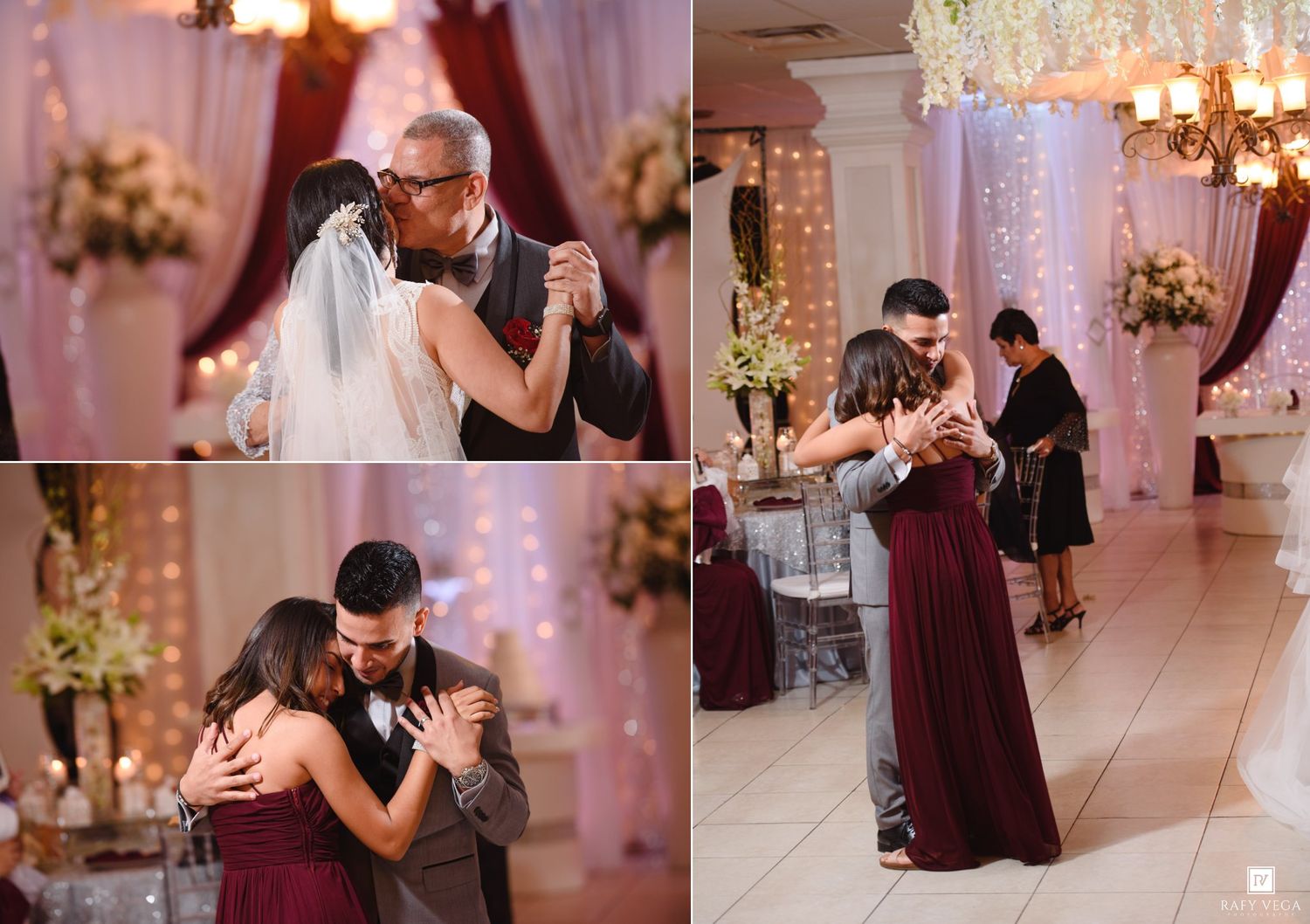 Emotional father-daughter and mother-son dances at a romantic wedding reception with warm lighting.