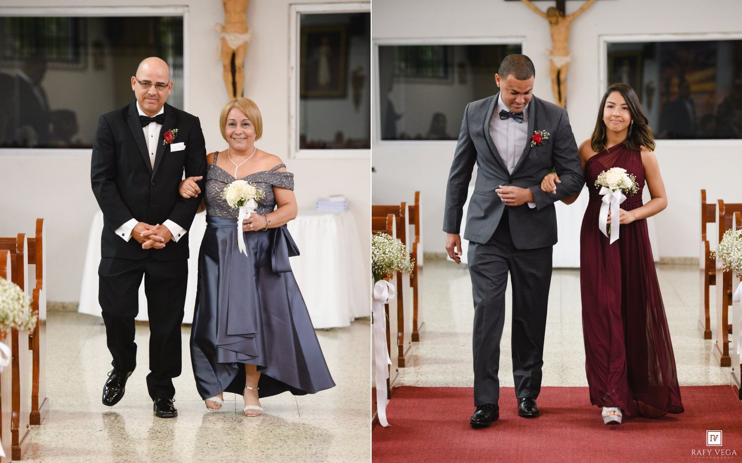 Wedding party walking down church aisle during ceremony with bridesmaids in burgundy dresses.