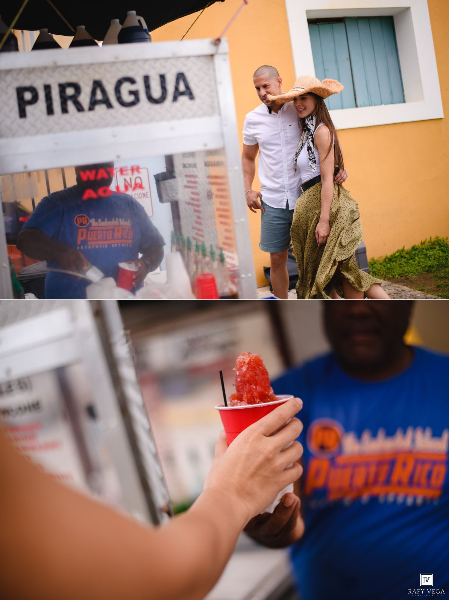 Couple smiling at a Piragua street food cart in Puerto Rico, with a close-up of a red cup shaved ice being handed over.