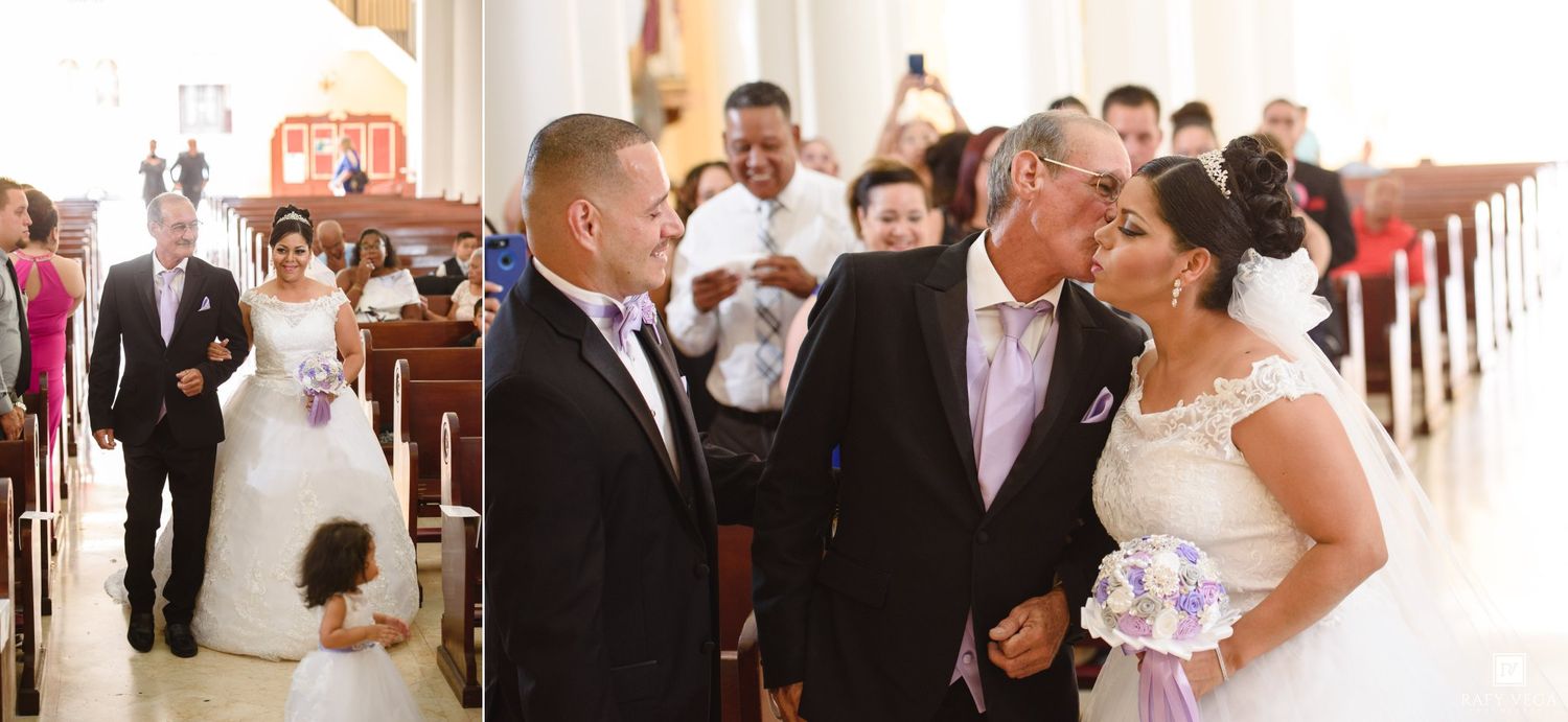 Bride and groom share a joyful moment at the church altar during their wedding ceremony, surrounded by smiling guests.