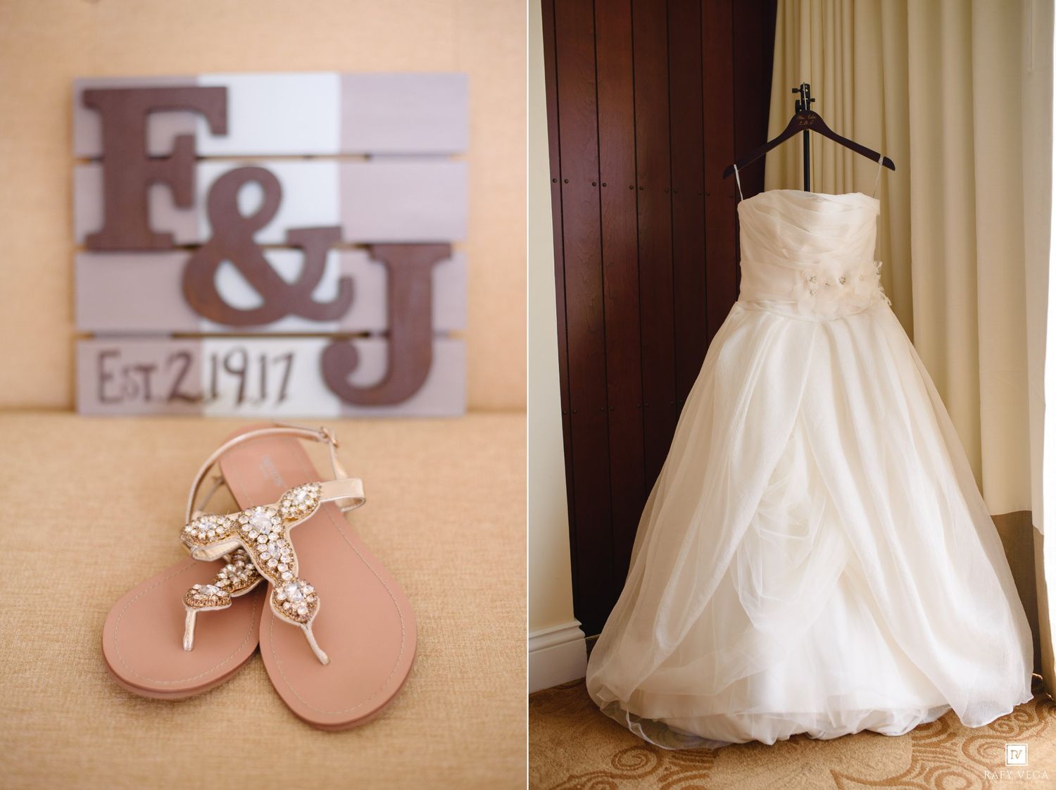 Wedding flat sandals with starfish detail beside rustic E&J Est. 21917 sign, paired with elegant strapless bridal gown.