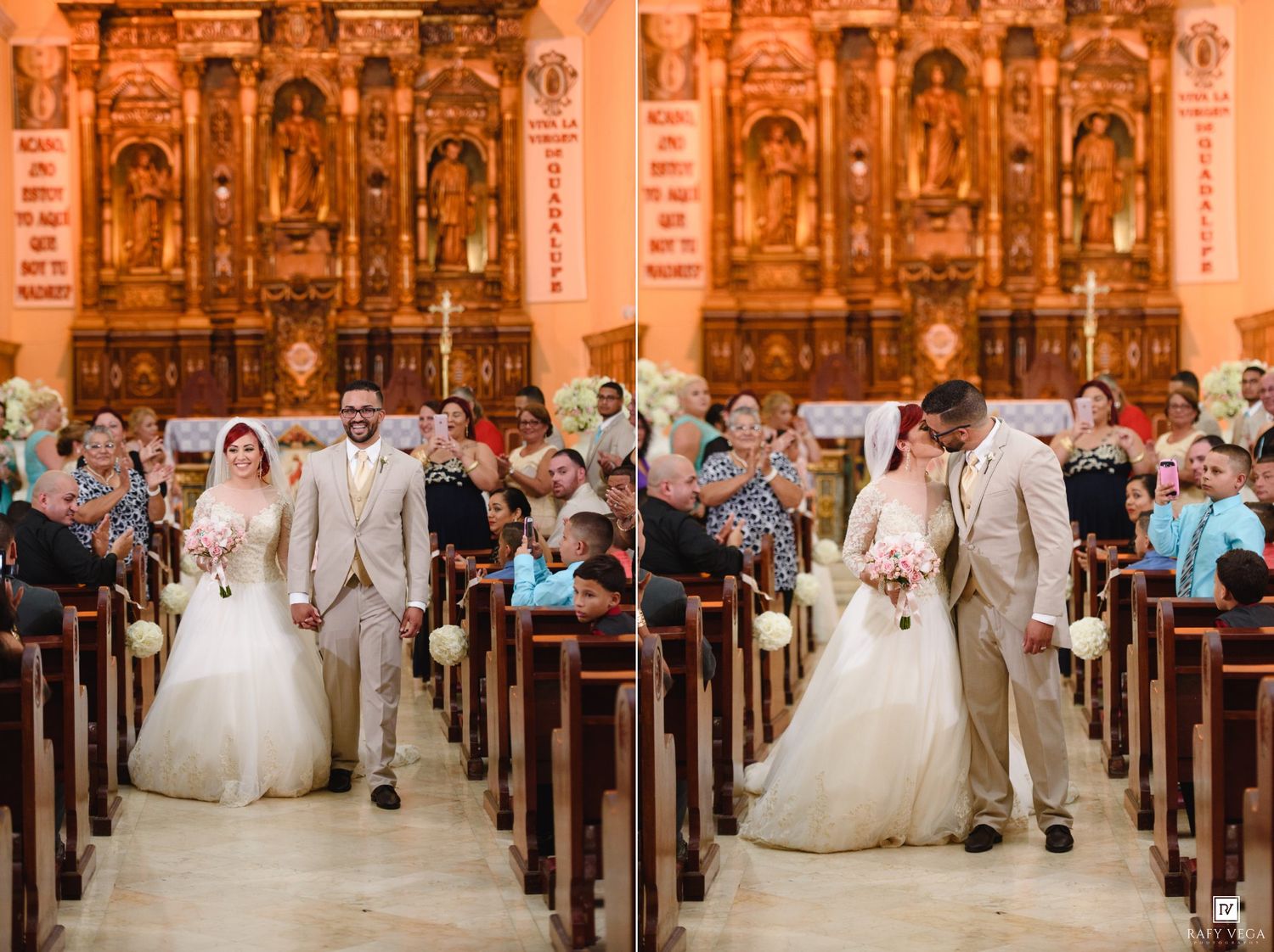 Newlyweds walk down the aisle of a decorated Catholic church after their wedding ceremony.