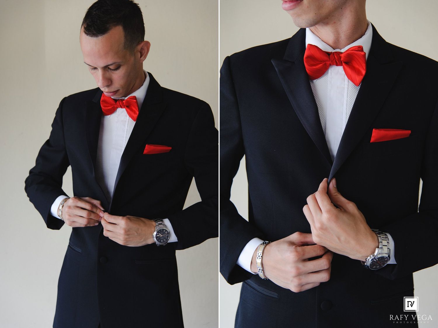 Man in black tuxedo with red bow tie and matching pocket square, adjusting jacket in two posed photos.