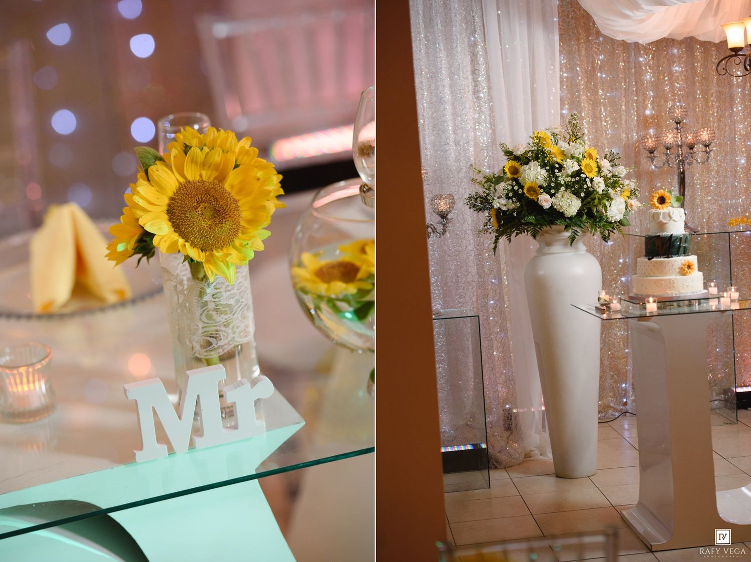 Elegant wedding reception decor featuring sunflowers, white cake, and Mr. table sign centerpiece.