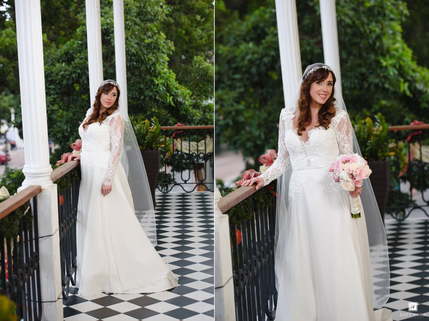 Bride in lace long-sleeve wedding gown holding pink bouquet on checkered floor gazebo.