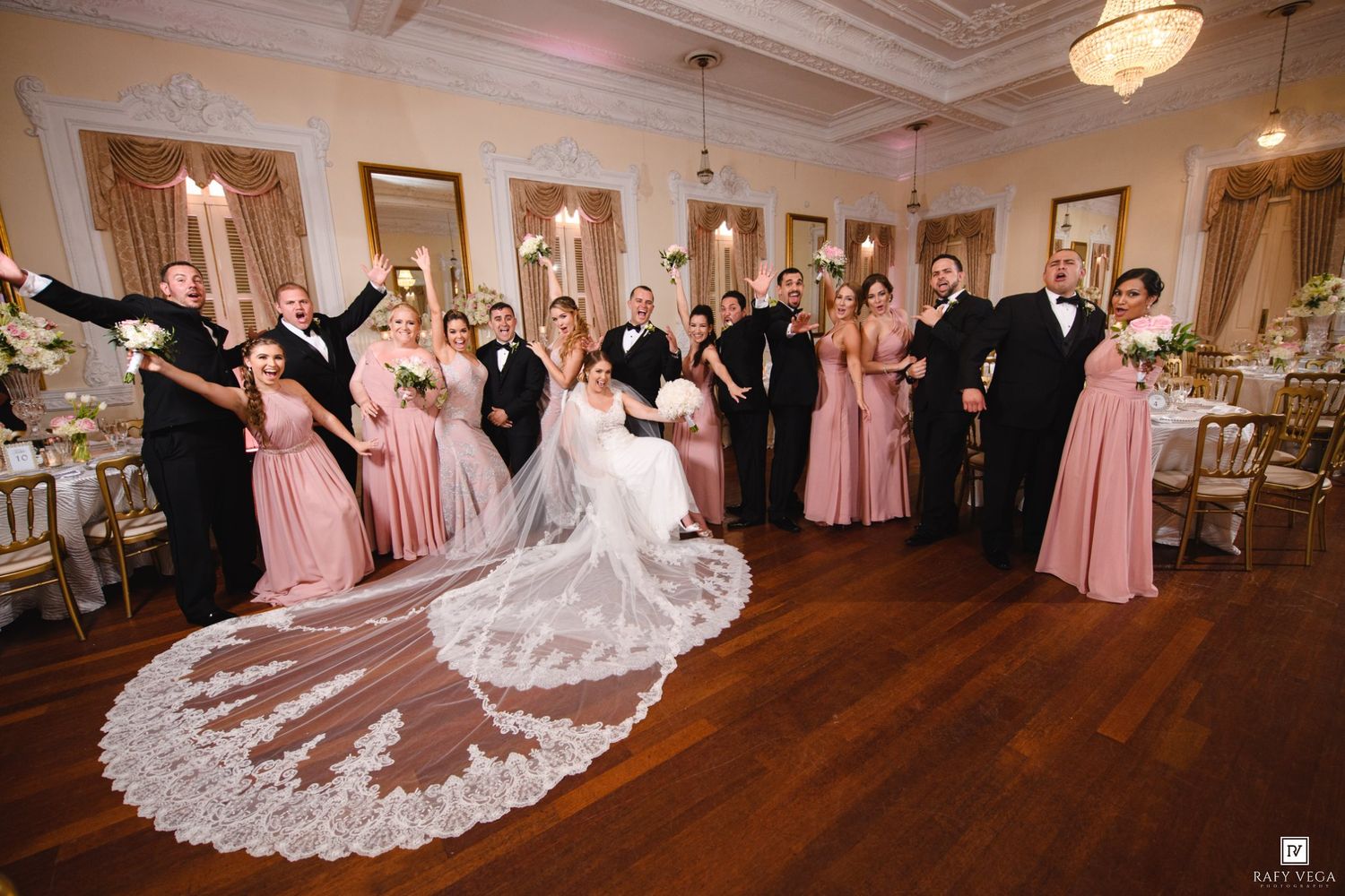 Wedding party poses in elegant ballroom, bride in lace cathedral veil surrounded by bridesmaids in blush pink gowns and groomsmen.