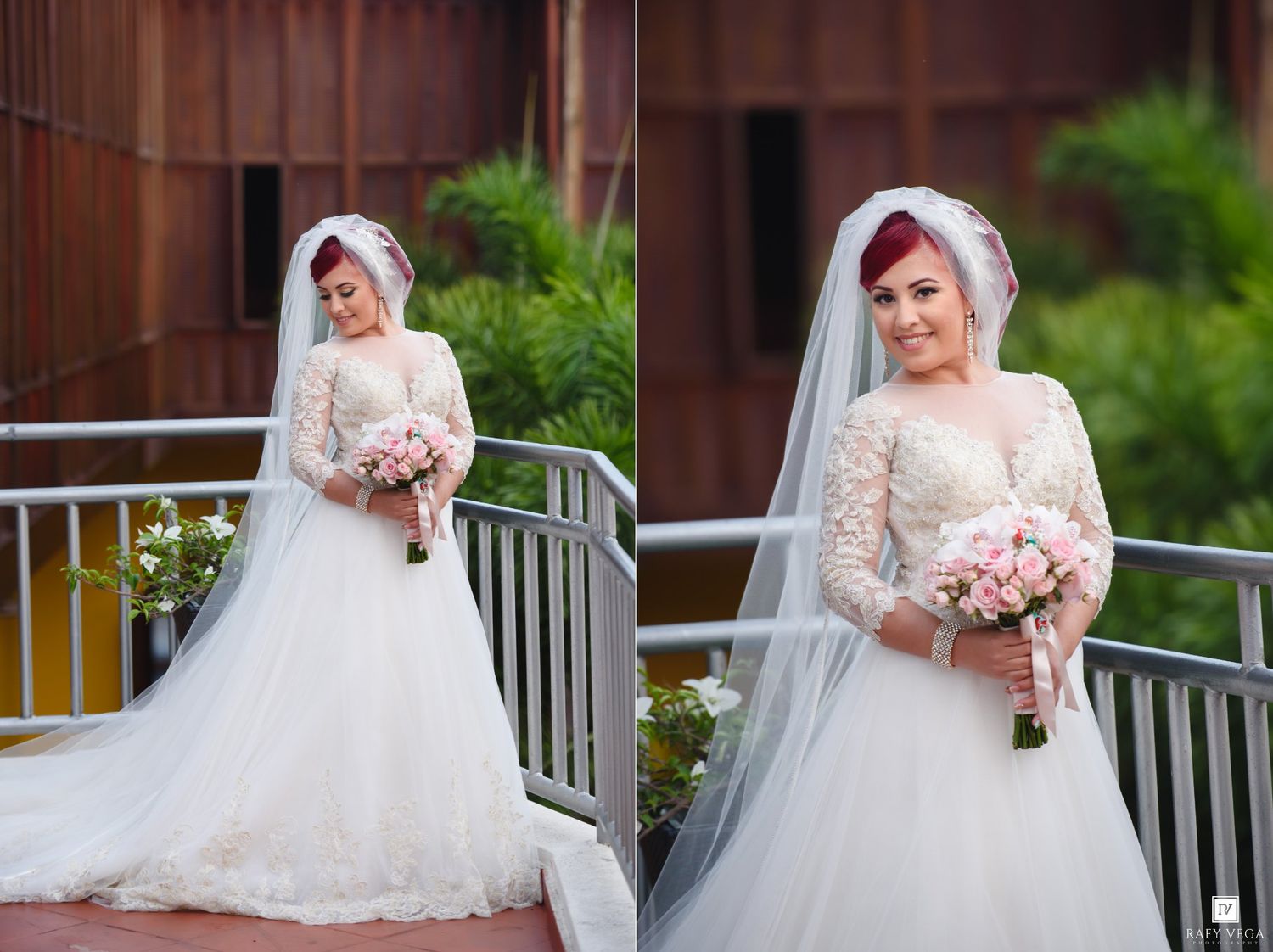 Bride in lace long-sleeve ball gown with veil holding pink bouquet on outdoor balcony with greenery backdrop.
