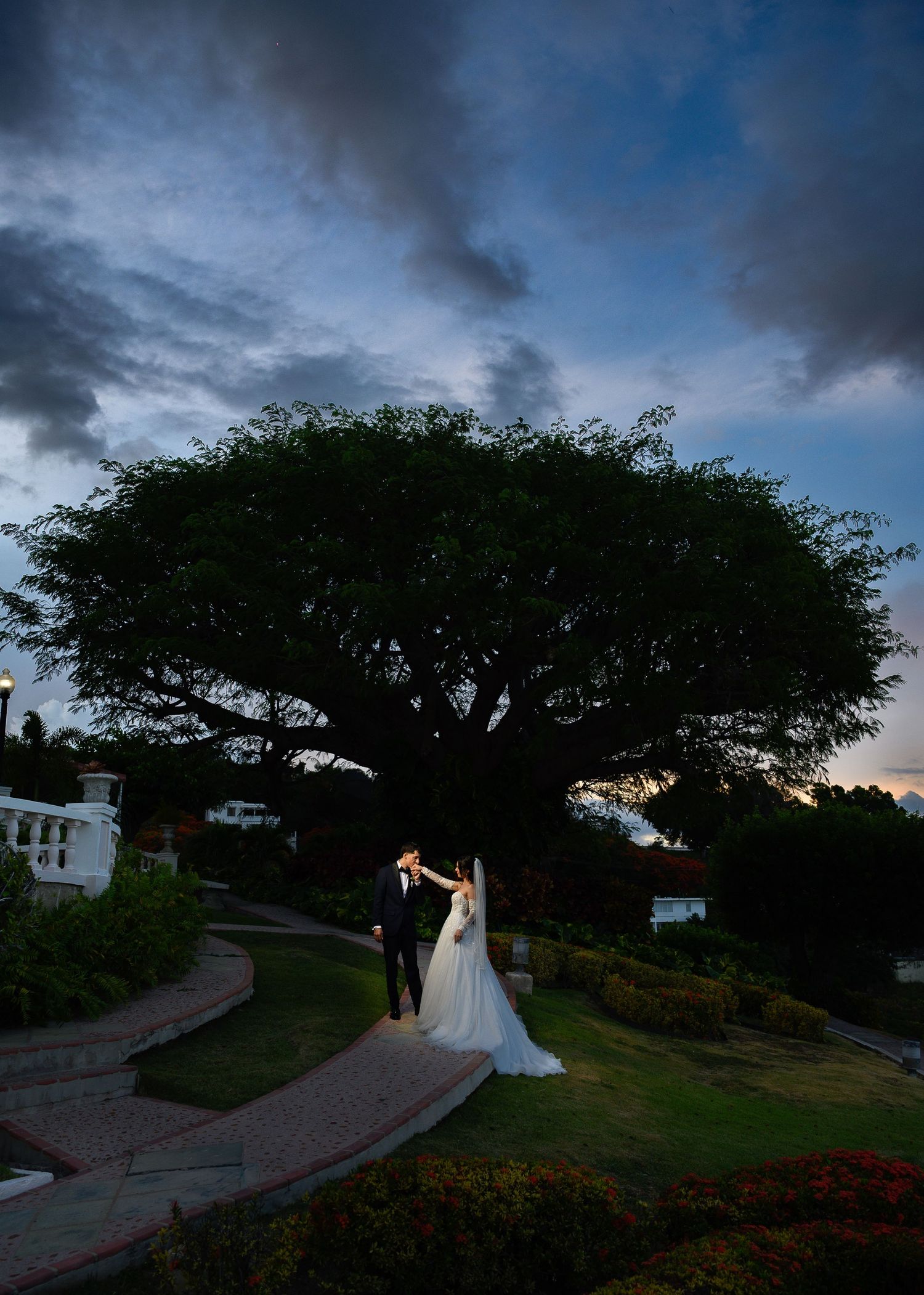 Bride and groom stand beneath a sprawling tree at dusk, with dramatic clouds and lush gardens at a wedding venue.