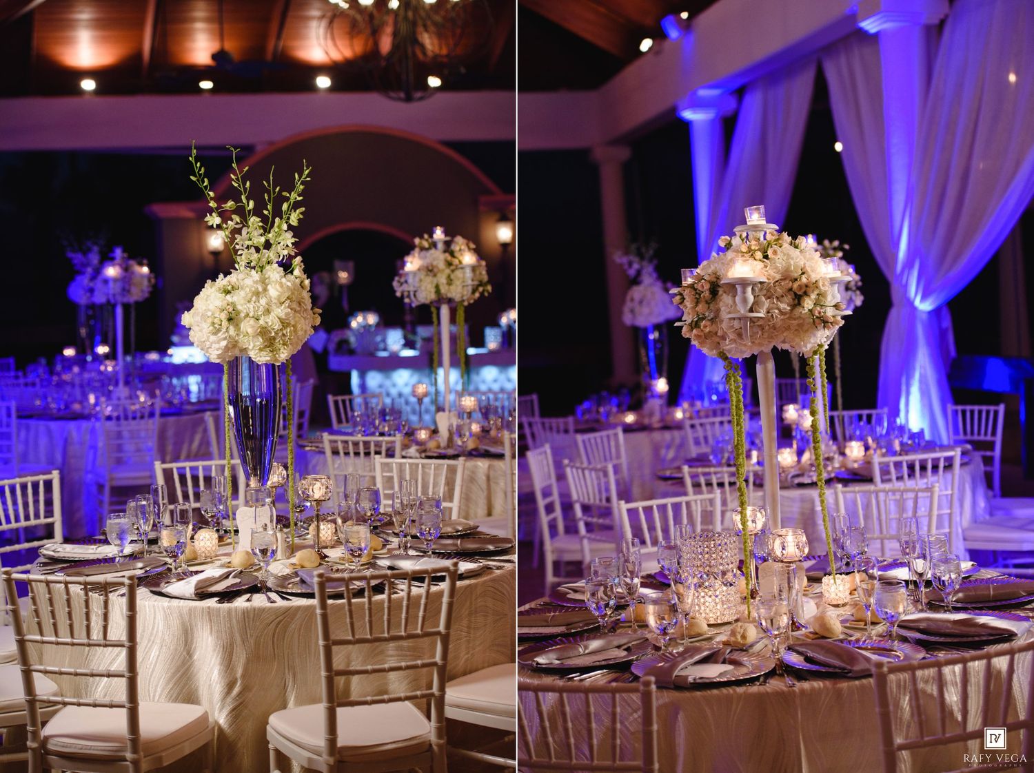 Elegant wedding reception with tall floral centerpieces, gold chiavari chairs, and purple ambient lighting.