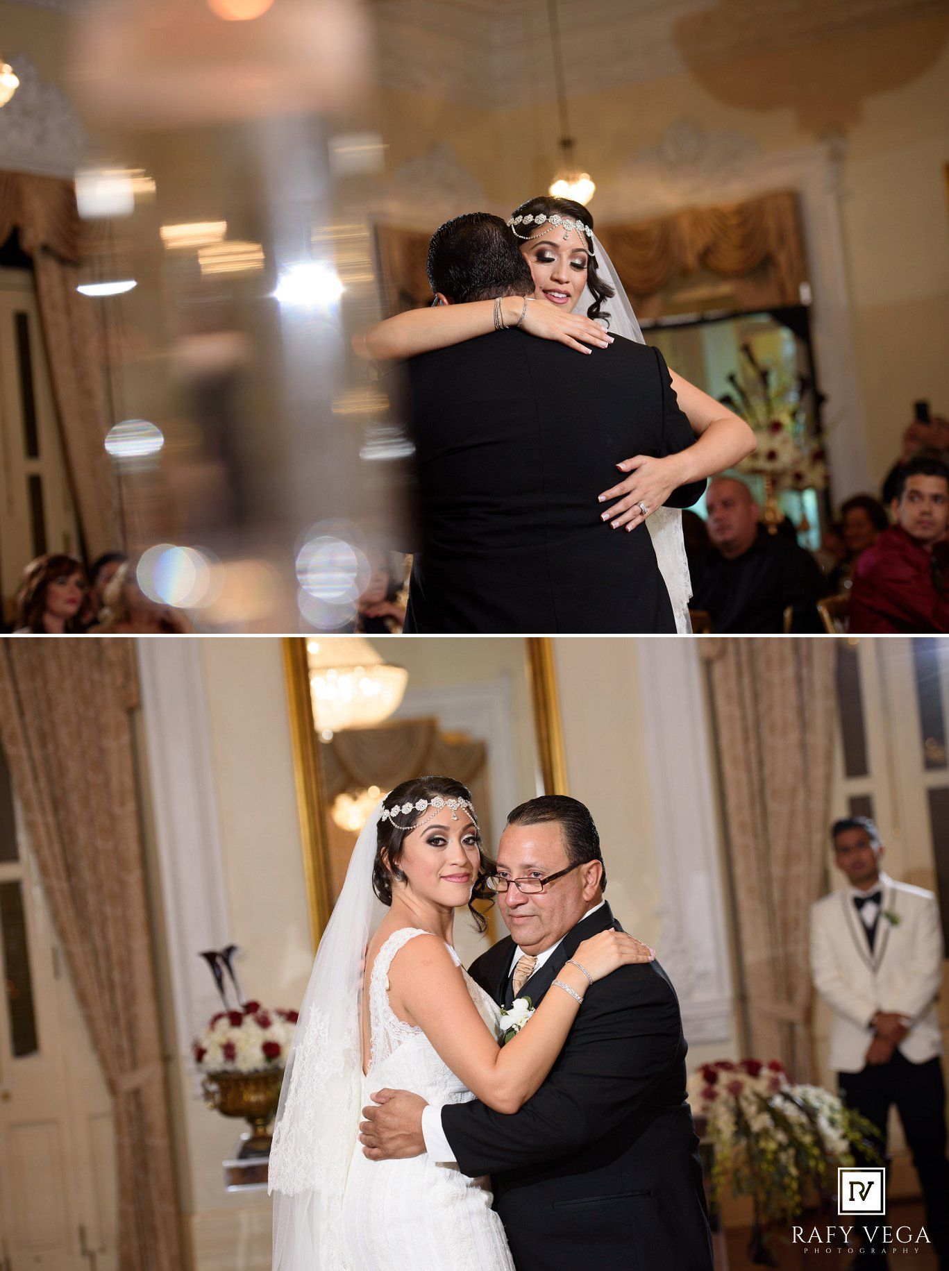 Bride sharing emotional dances with groom and father at elegant wedding reception in a grand ballroom.