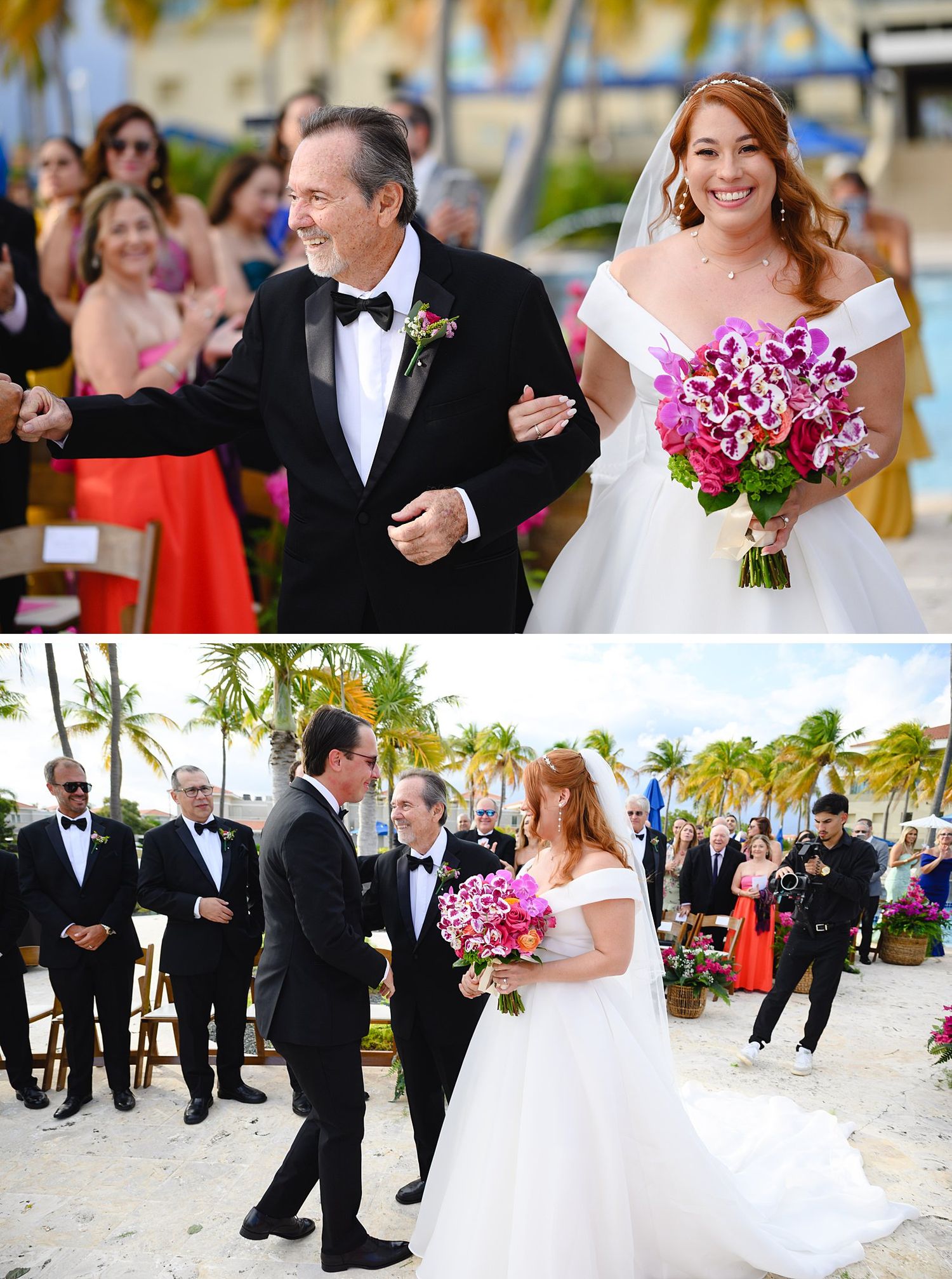 Brides walk down sandy aisle with escorts at tropical beach wedding ceremony with pink bouquets.