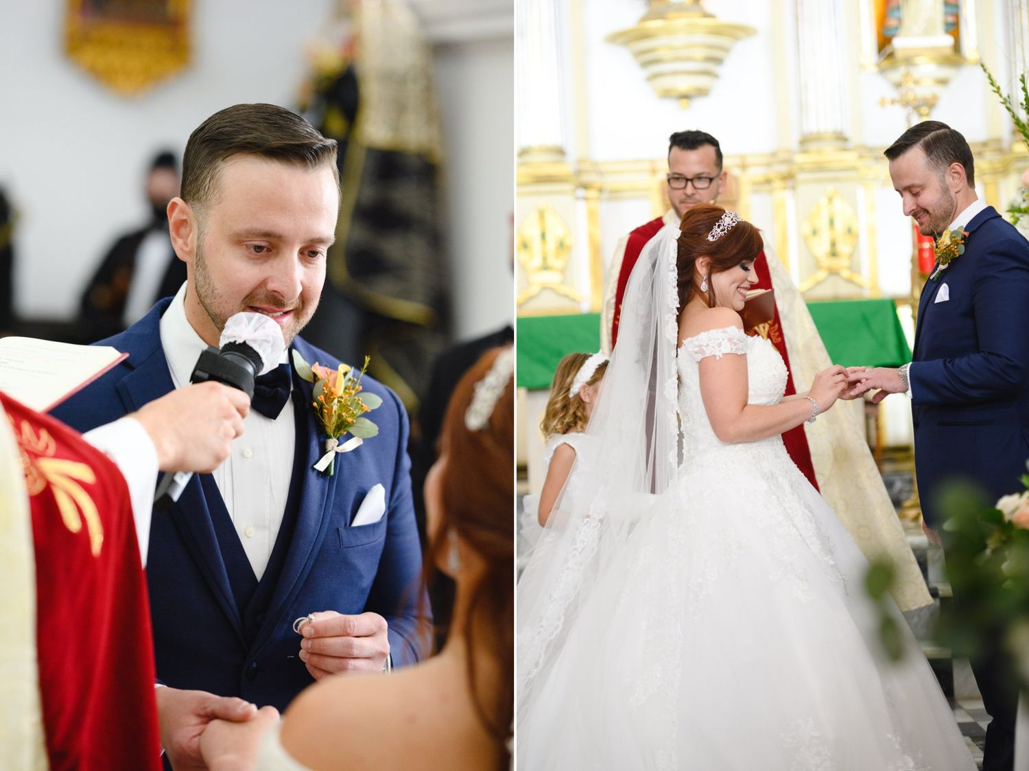 Groom in navy suit at church wedding ceremony exchanging vows with bride in white gown and veil at altar.
