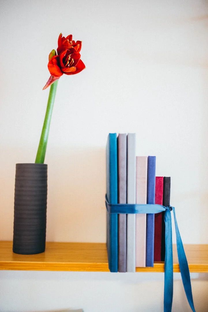Black textured vase with red amaryllis flower beside colorful books tied with blue ribbon on wooden shelf.