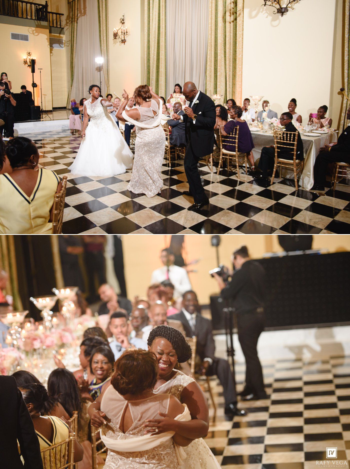 Joyful wedding reception featuring first dance on checkered floor and emotional guest embraces at elegant venue.