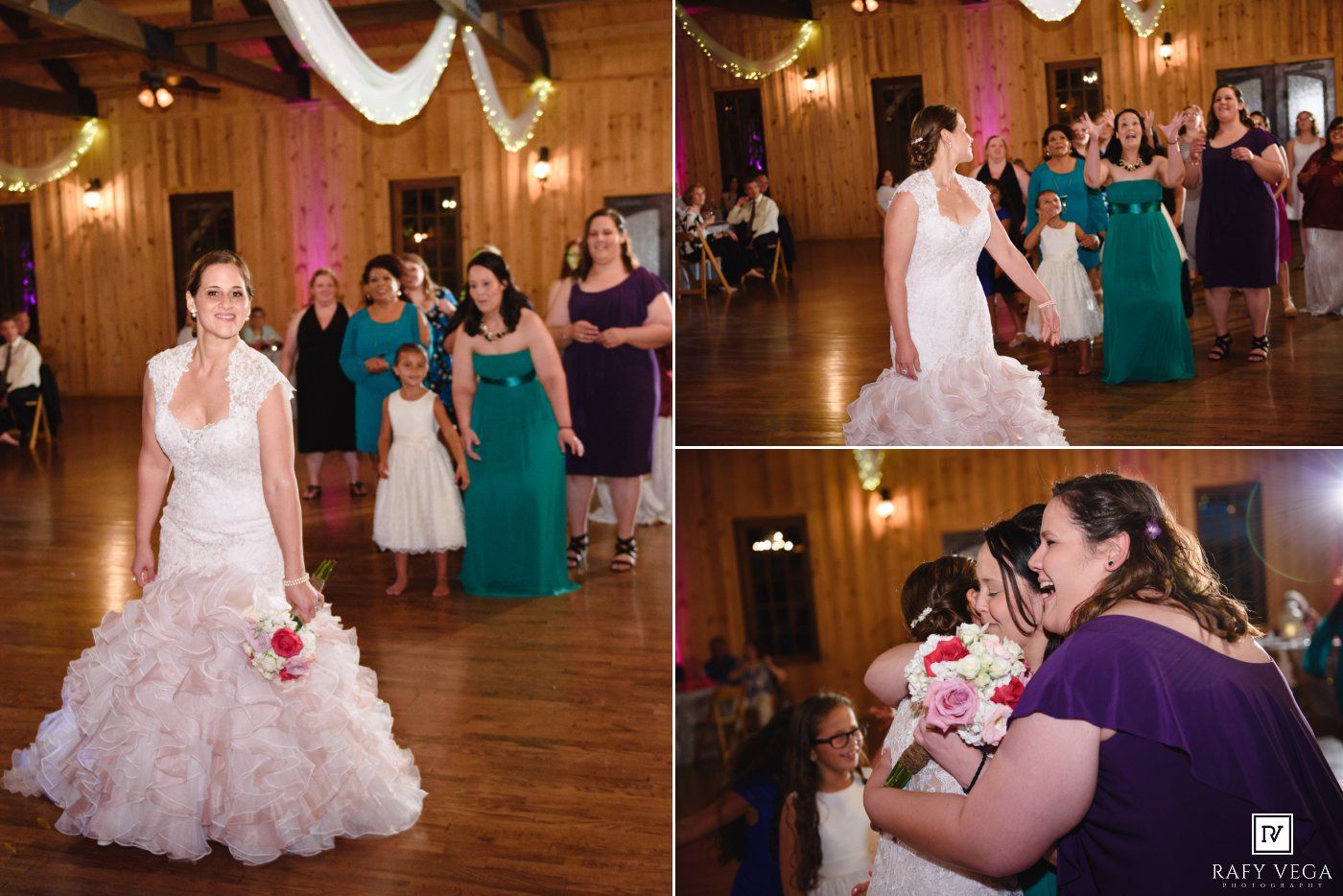 Bride in mermaid gown tosses bouquet to excited guests at elegant wood-paneled wedding reception venue.