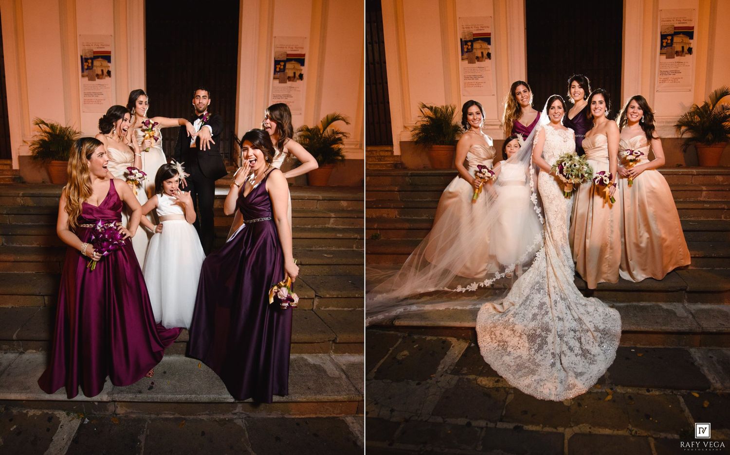 Bride poses with bridesmaids in purple and blush gowns on church steps at night.
