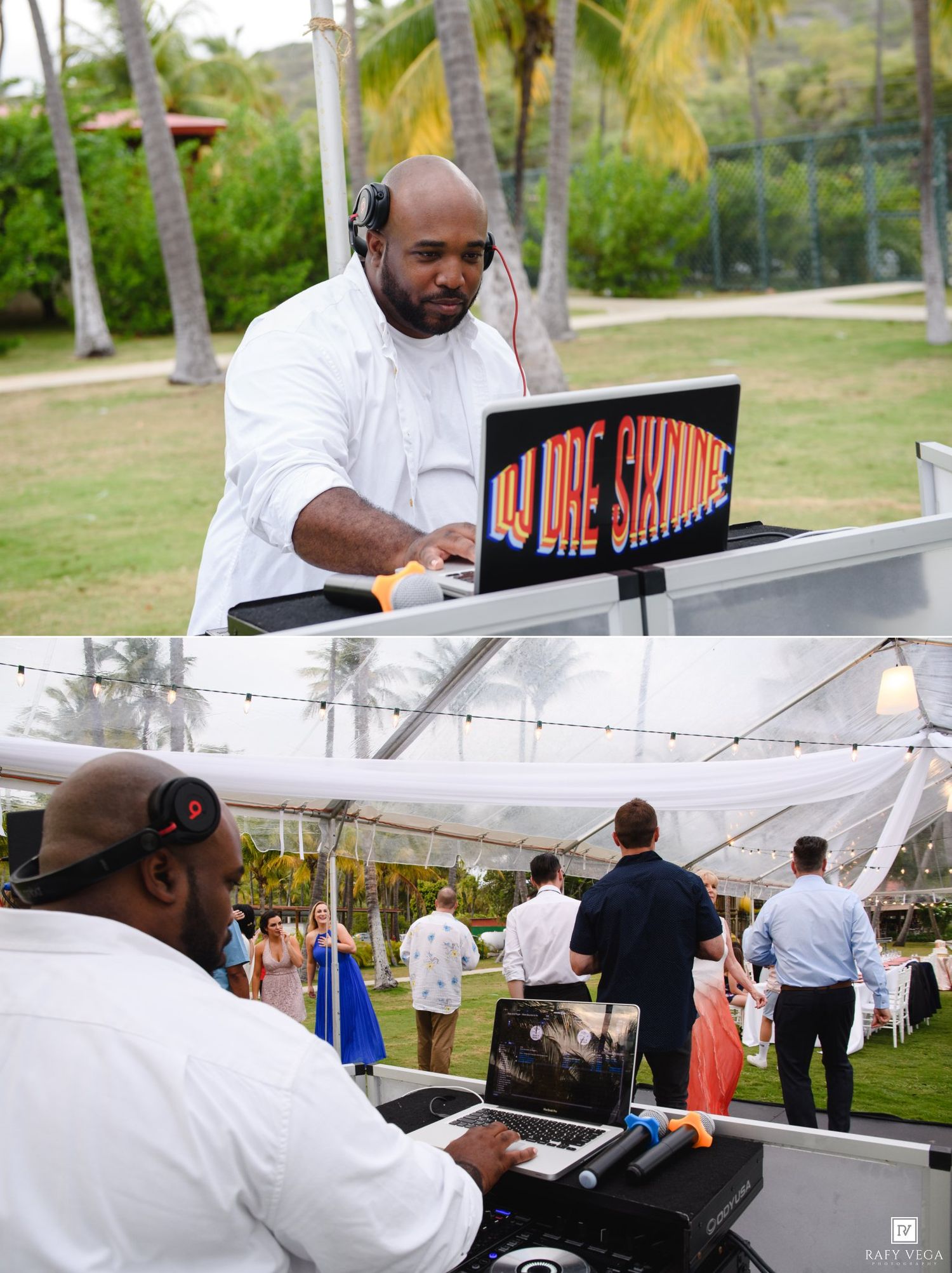 DJ Dre Signature performing at an outdoor tropical wedding event with laptop and DJ equipment under palm trees.