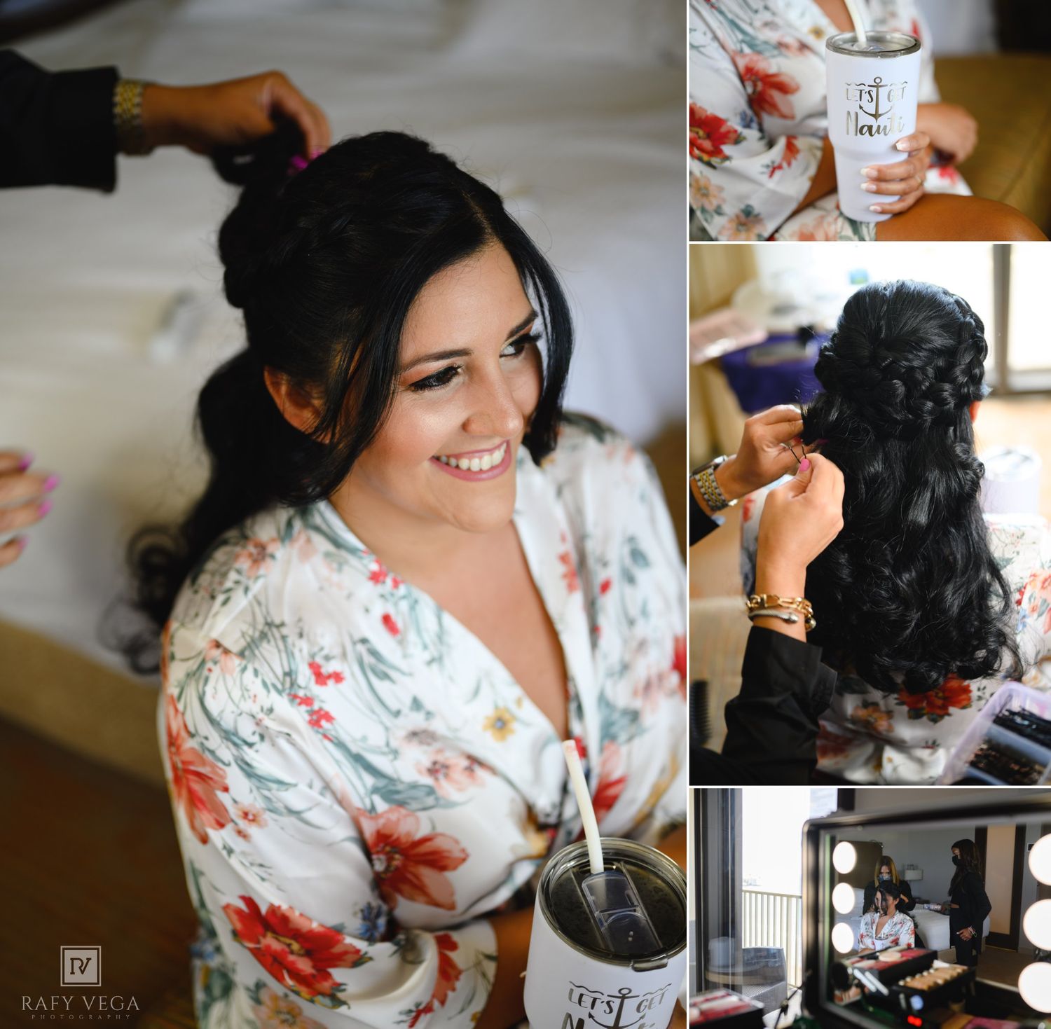 Bride smiling in floral robe during bridal hair styling session, showcasing elegant half-up curly hairstyle preparation.