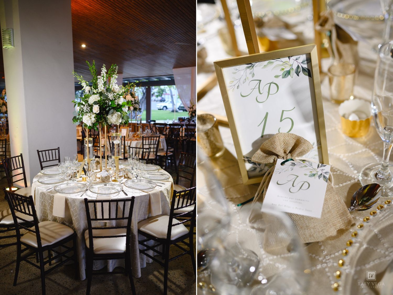 Elegant wedding reception with round tables, chiavari chairs, tall floral centerpieces, and gold-framed table number cards.