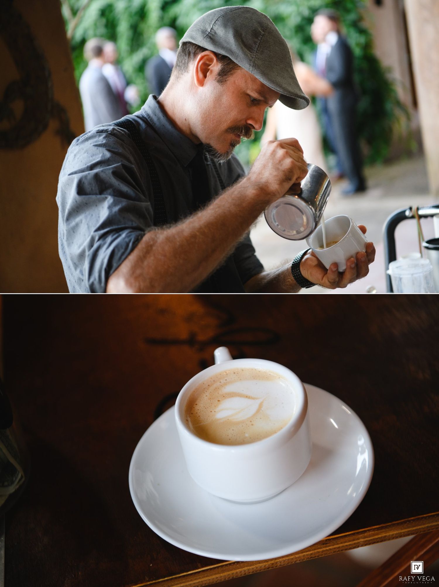 Barista carefully pouring steamed milk into espresso, with a finished latte art cappuccino in white cup on saucer below.
