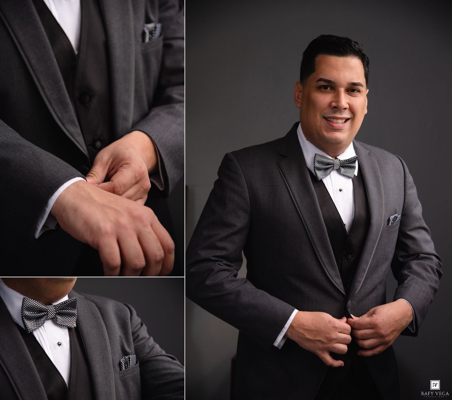 Man in charcoal tuxedo with bow tie adjusting jacket buttons in professional studio portrait collage.