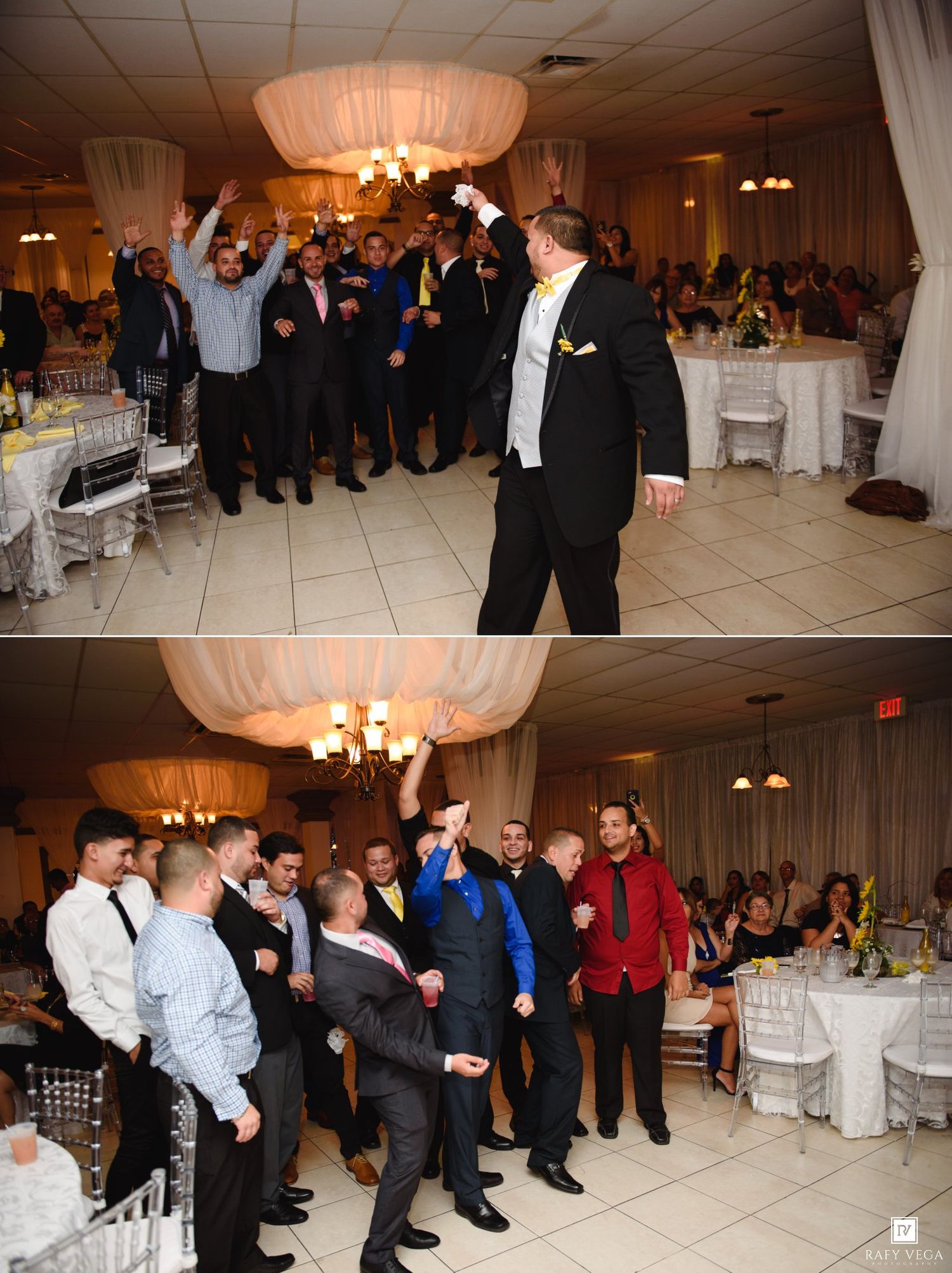 Groom in tuxedo celebrates with groomsmen on dance floor at elegant wedding reception venue.