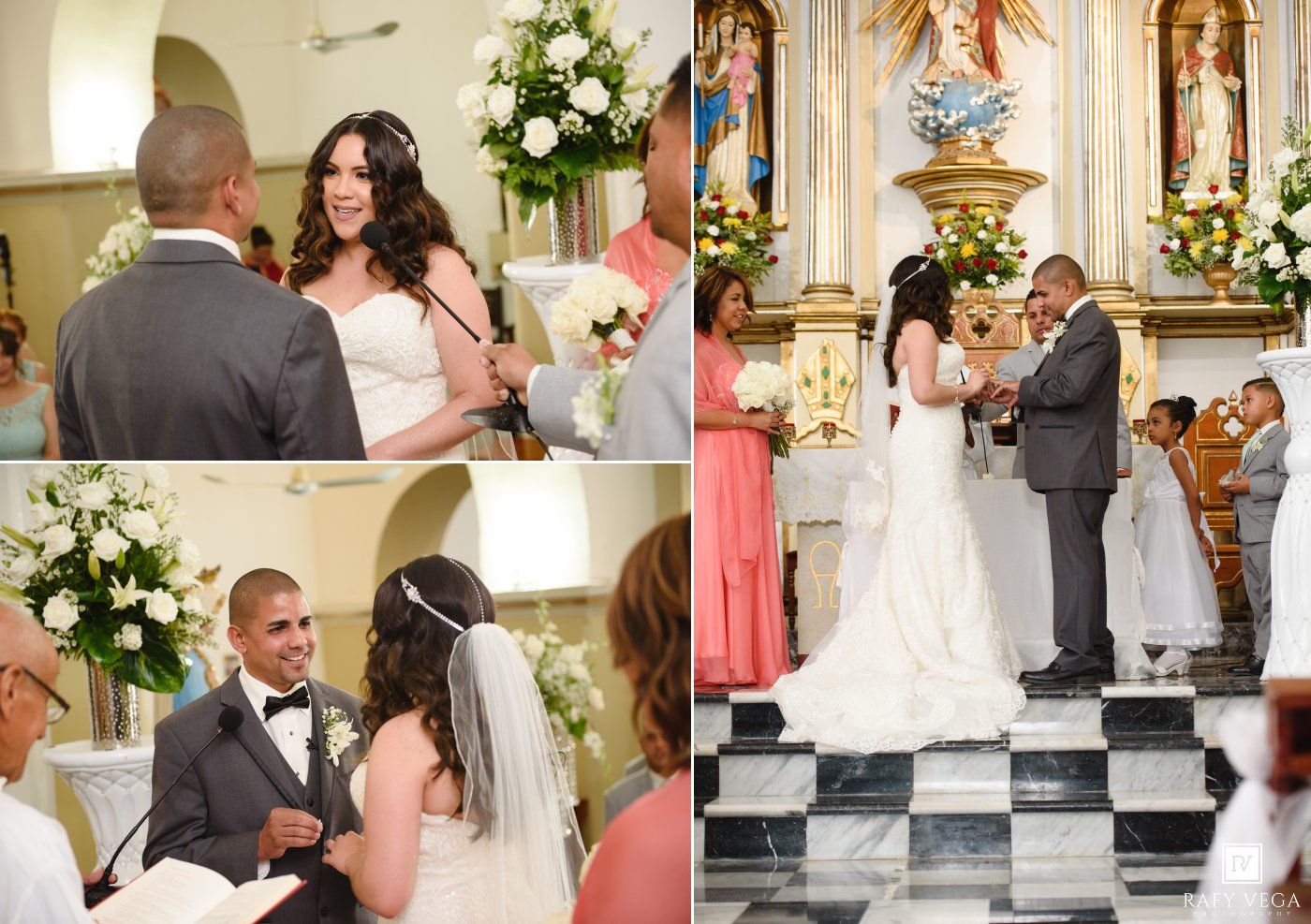 Bride and groom exchange vows at elegant church wedding ceremony with floral arrangements and guests in attendance.