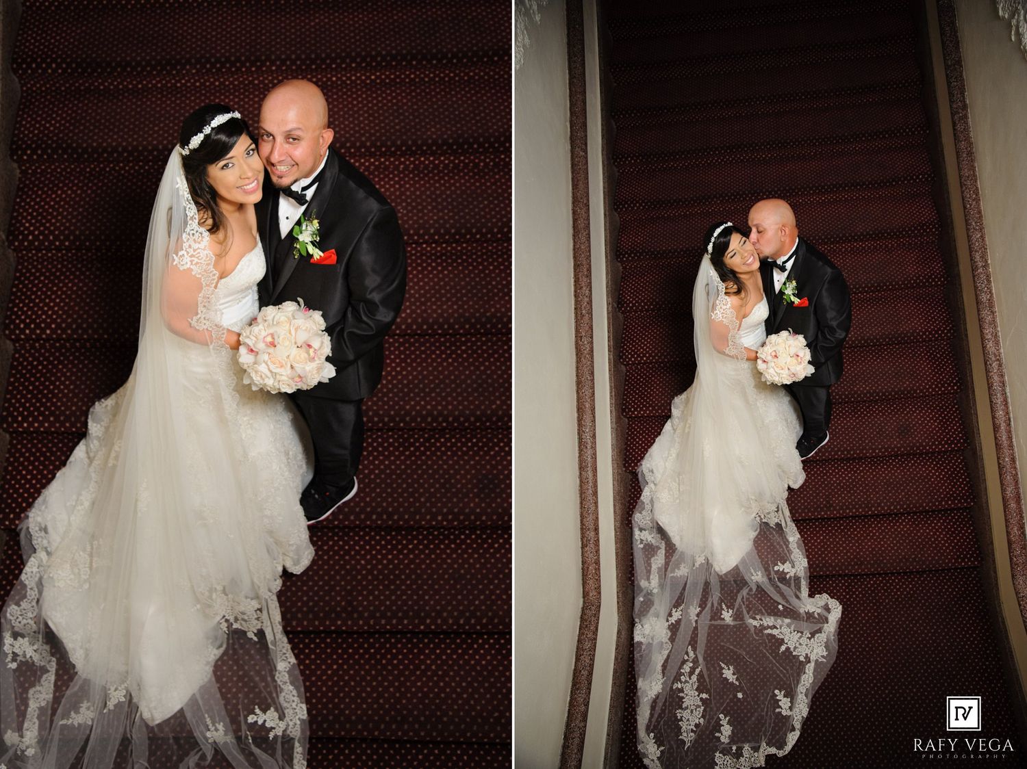 Bride and groom share a romantic embrace on a staircase, bride in a flowing white gown with veil and bouquet.