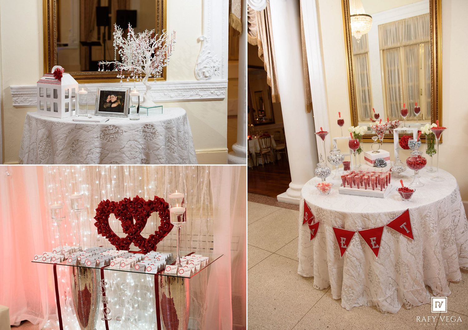 Elegant wedding reception decor with white lace tablecloths, red rose hearts, and romantic Valentine-themed arrangements.