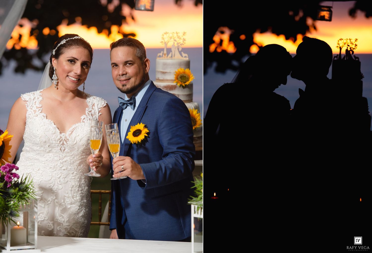Bride and groom toasting with champagne at sunset wedding reception, with romantic silhouette portrait at golden hour.
