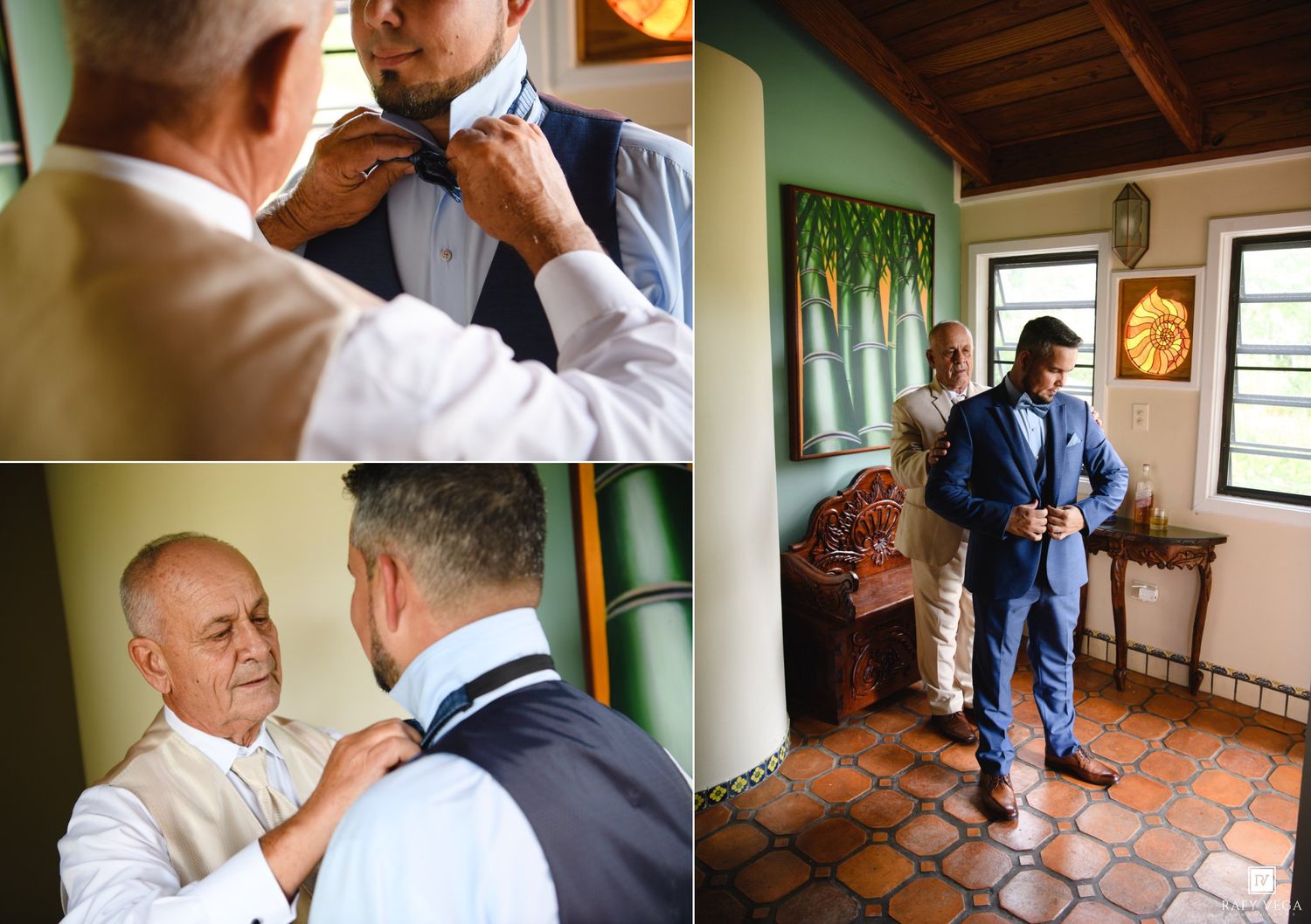 Groom getting ready with family help adjusting tie and suit jacket in a colorful room before wedding ceremony.