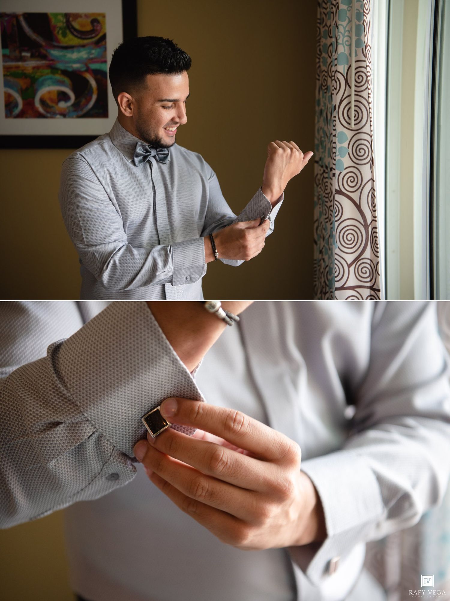 Groom in gray shirt and bow tie fastening square cufflinks by a window, with close-up detail of the elegant accessory.