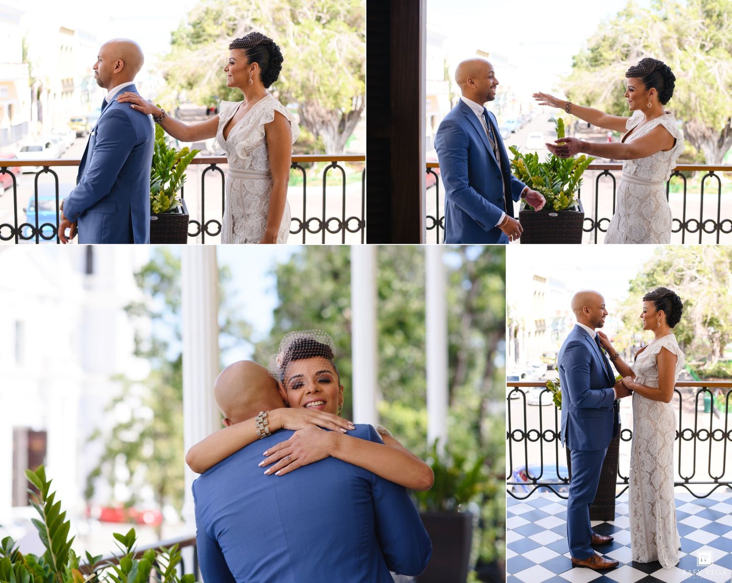 Collage of wedding couple sharing emotional first look moment on a sunny outdoor balcony.