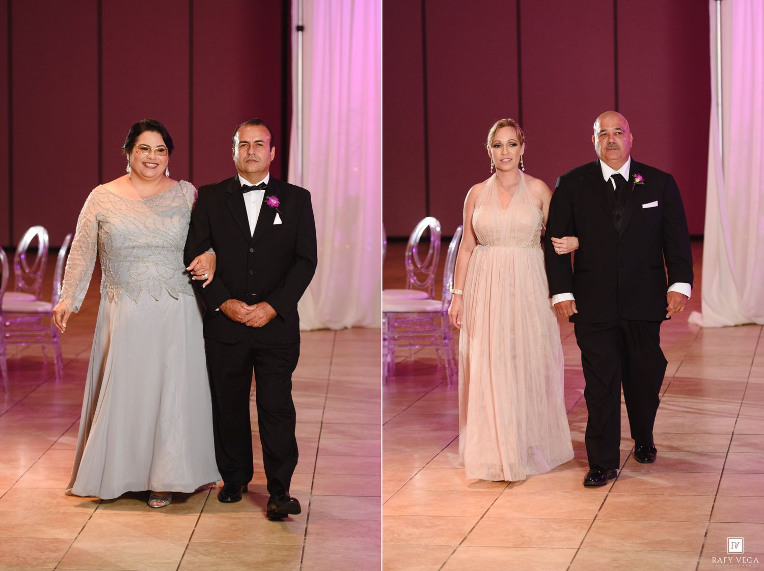 Two elegantly dressed couples pose on a dance floor at a formal wedding reception event.