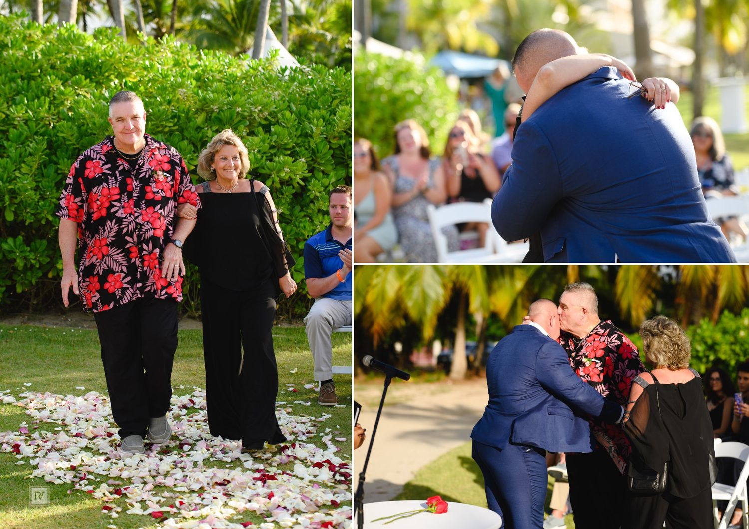 Outdoor tropical wedding ceremony with guests seated, groom embracing family on a flower petal aisle surrounded by palm trees.