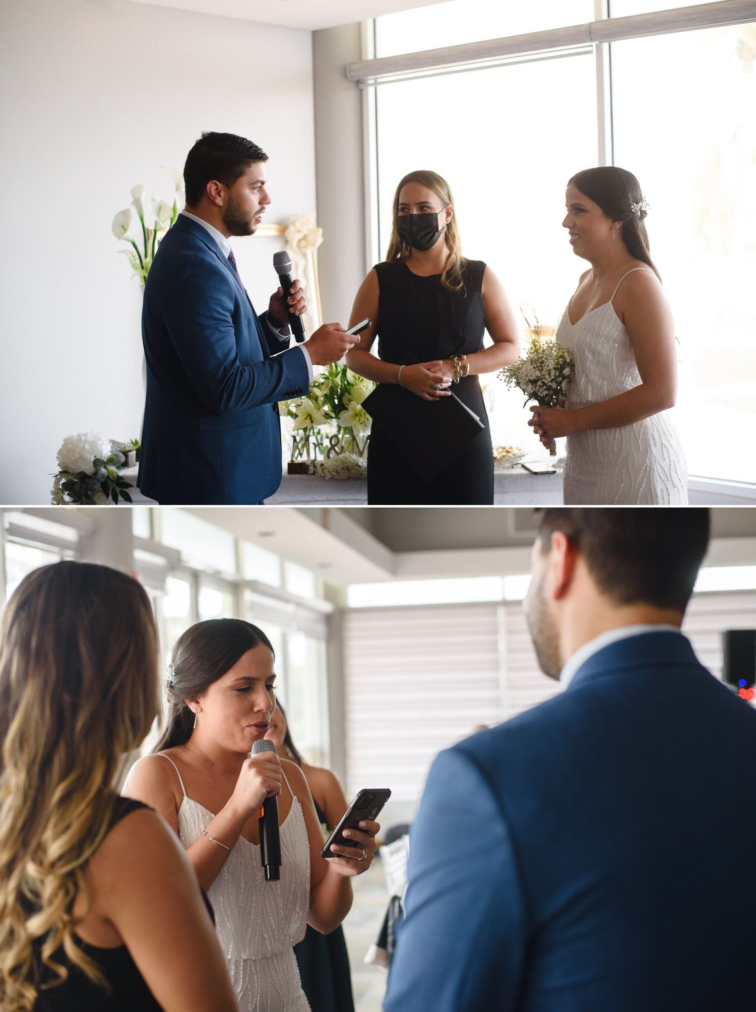 Couple exchanging wedding vows with officiant wearing black mask, bride holding bouquet in bright modern venue.